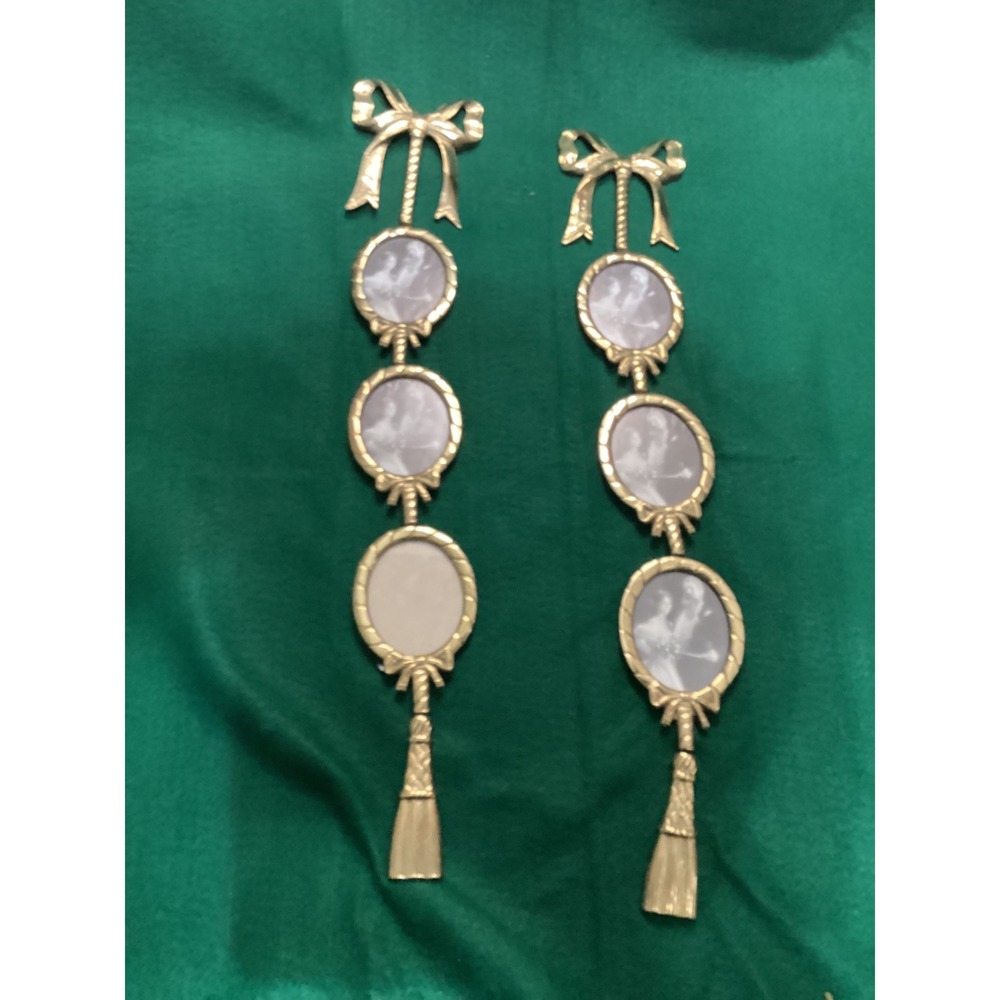 Vintage Brass Tone Metal Triple Oval Hanging Photo Frames Bow Tassel Set of 2
